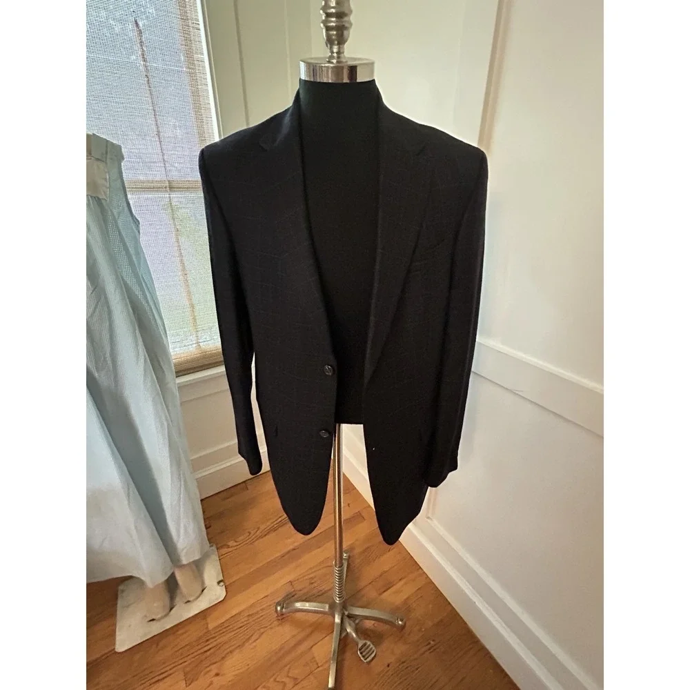 Vtg 80s Nautica Sports Coat 43L Navy Cashmere Wool Blend Plaid Windowpane